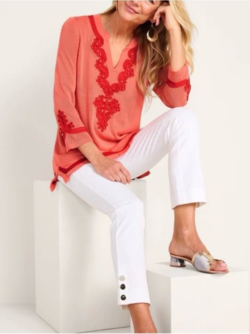 Soft Surroundings Palm Beach Sweater Tunic Size XL Coral Red Linen Blend - Picture 4 of 15